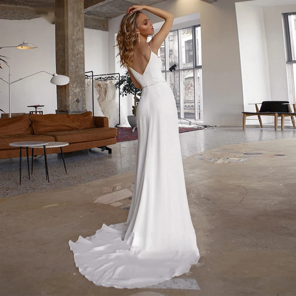 V-Neck Satin Surface Women Tulle Wedding Dresses Sexy Fork Sleeveless Bridal Gowns Mopping Length Vestidos De Novias Customized 2