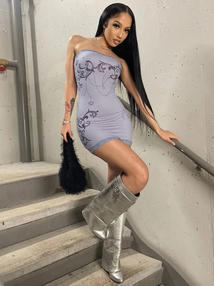 Nibber Patchwork Metal Rings Dress Women Skimpy Backless Strapless Graphic Print Sexy Slim Midnight Clubwear Party Mini Bodycon