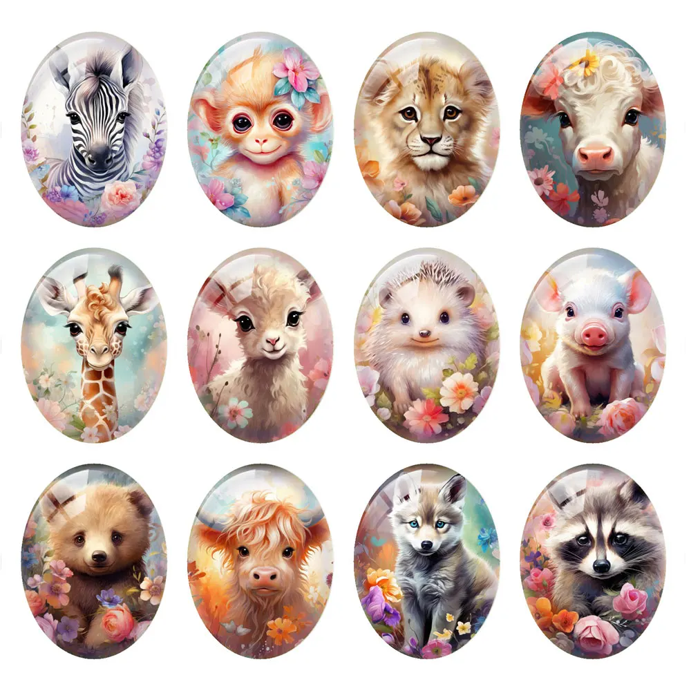 

10pcs/lots Cute Flower Animals Oval Photo Glass Cabochon Charms Demo Flat Back Cameo For Diy Jewelry Making Finding Accessories