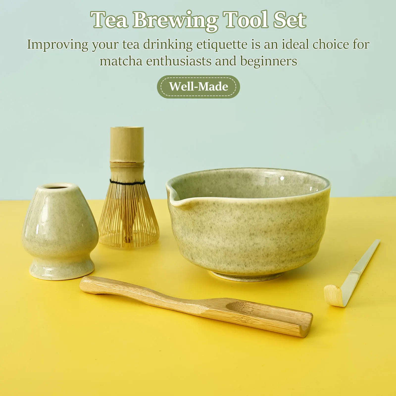 Matcha Set Includes Matcha Bowl with Spout Whisk Holder Bamboo Whisk Spoon and Tea Scoop Complete Japanese 5 Pcs