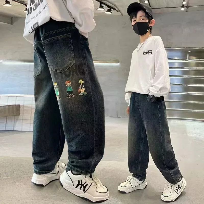 2025 봄과 가을용 남아 청바지, 중대형 아동 캐주얼 바지, 멋지고 다재다능한, 남아 바지, 스트리트 스타일