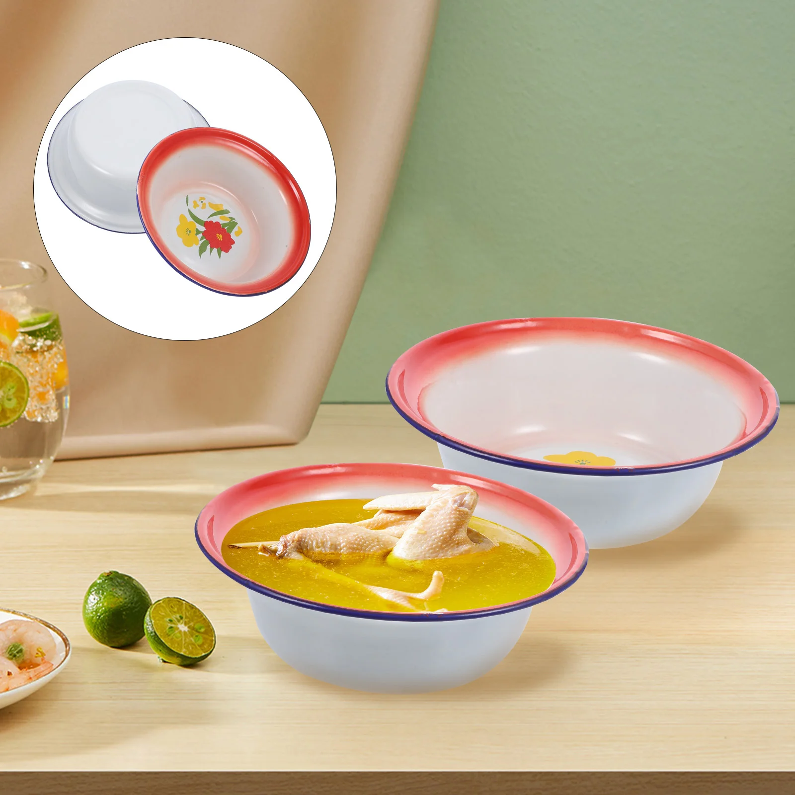 

Flower Pattern Old-style Reusable Serving Vintage Enamel Bowl Mixing Bowl Set Metal Bowl Retro Bowl Enamel Camping Dishes