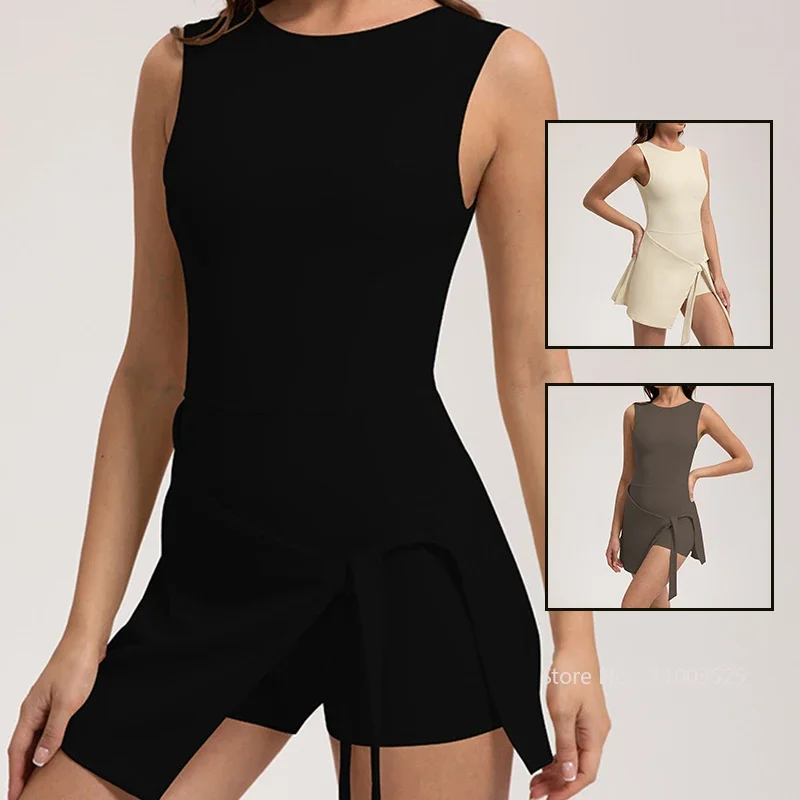 Tennis Dress Women Sleeveless Sport Workout Dress Ladies Backless Running Short Skorts Golf Badminton Tracksuits Lace Up Skirts
