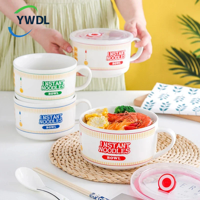

Японская герметичная миска для лапши быстрого приготовления с крышкой, 800/1100 мл, керамическая чашка для супа, для офиса, общежития, бэнто-бок...