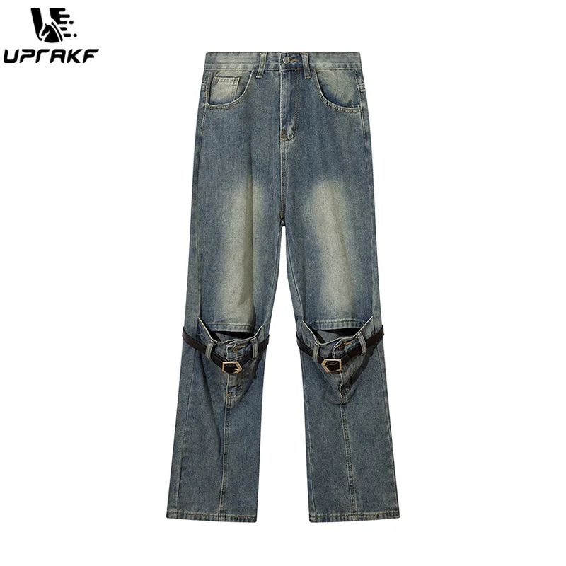 UPRAKF Detachable Versatile Jeans Pocket Streetwear Denim Zipper Pants Casual Fashion Trousers High Street