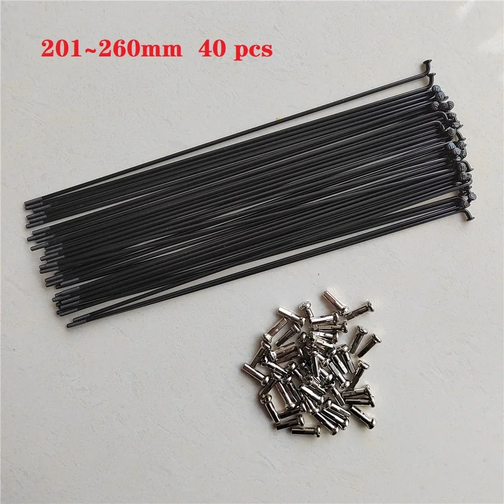 40PCS 201mm-260mm Bicycle Spoke 14G Stainless Steel Black Road Bike Folding Copper Nipple MTB Mountain