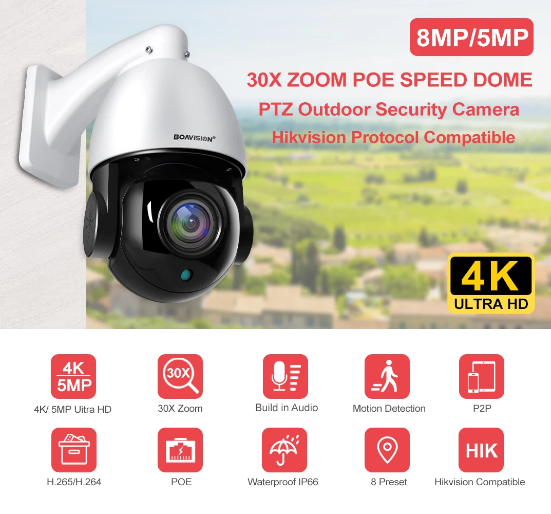Outdoor 30X Zoom POE PTZ 4K 8MP 5MP Audio Speed Dome IP