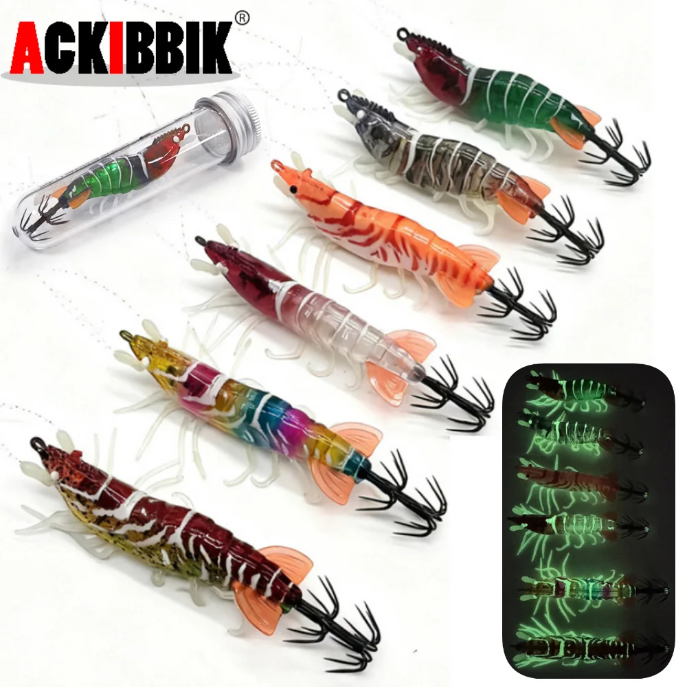 Ackibbik 1pc 8cm Glow Echte Garnelen Garnelen Köder Salzwasser Garnelen Tintenfisch Angeln Zubehör Octopus Garnelen Tintenfisch Jig haken