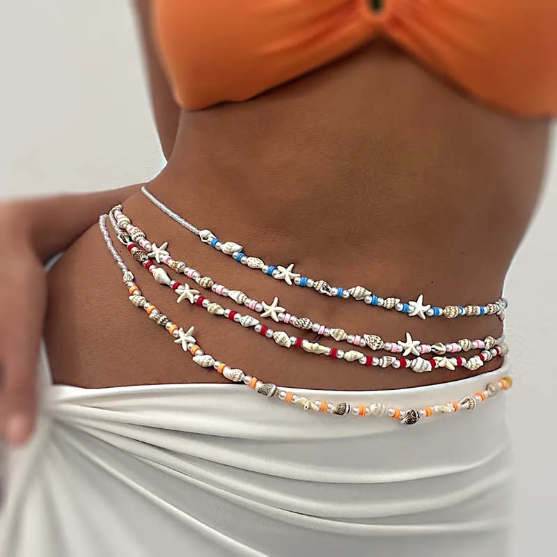 Fashion Pearl Starfish Conch Waist Chain for Women Girls Sexy Acrylic Rice Beaded Body Chain Bikini Beach Jewelry Accessories