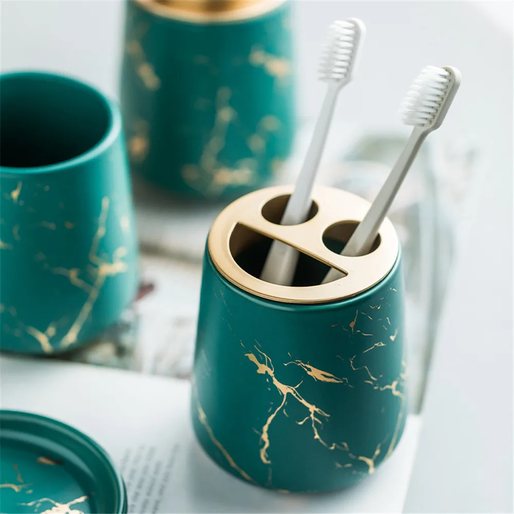 Nordic Marble Pattern Ceramic Soap Dispenser Mouthwash Cup Toothbrush Holder Soap Dish Bath Kit Bathroom Set Accessory Full soap dispenser toothpaste dispenser bathroom accessories set