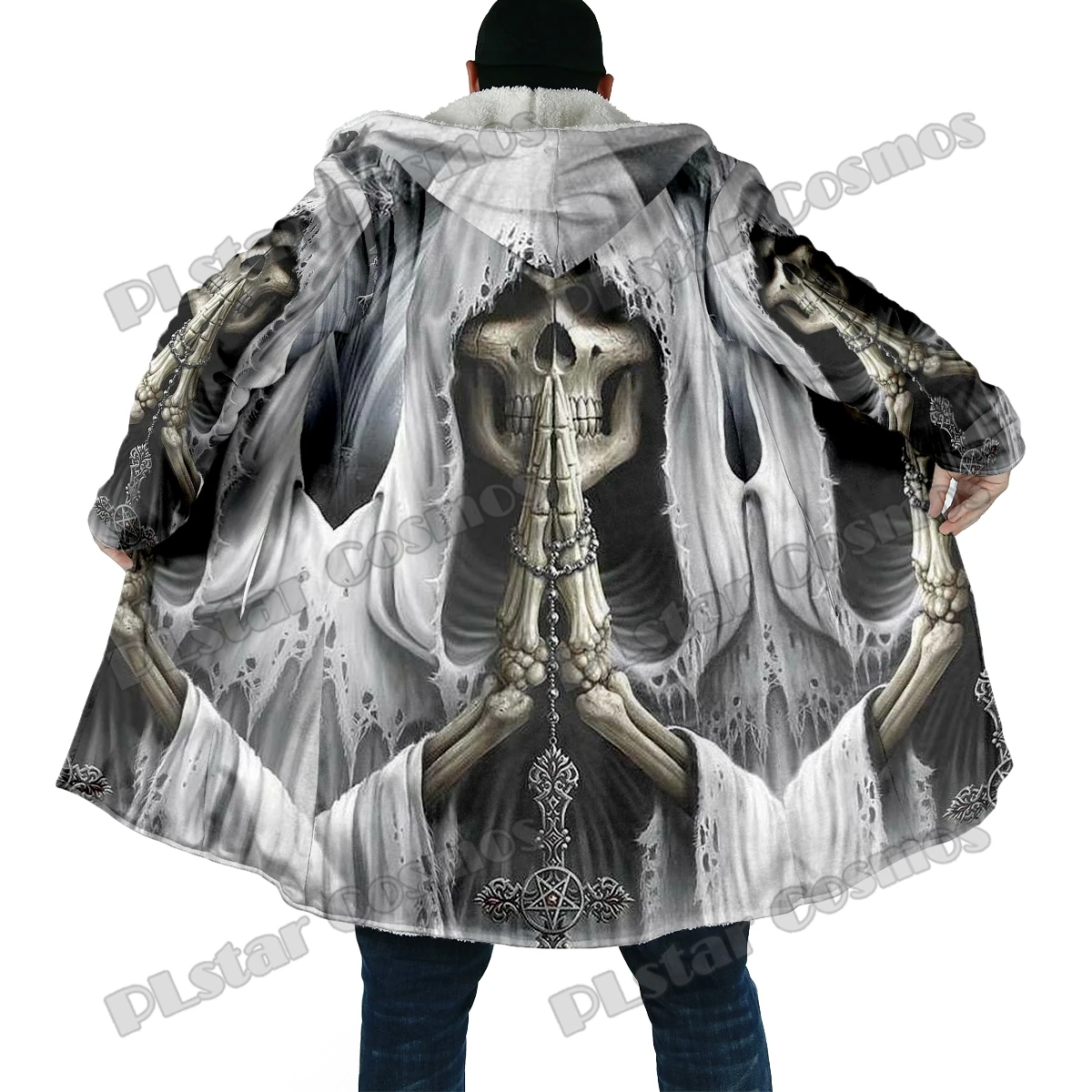 Winter Fashion Men's cloak Grim Reaper Skull 3D All Over Printed Thick Fleece Hooded Cloak Unisex Casual Warm Cape Coat DP47