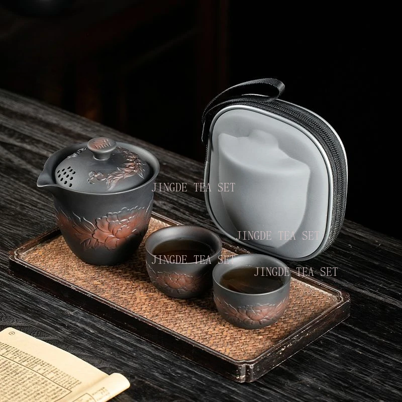 1 set of purple pottery covered bowl teapot, household ceramic large capacity carved tea set, tea brewing set