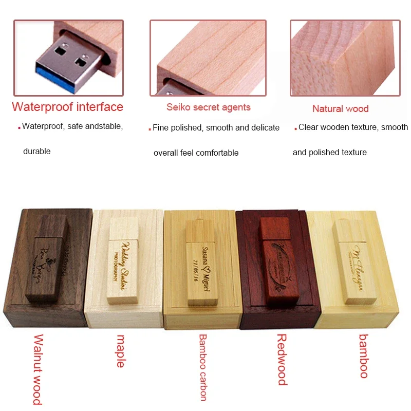5 PCS/LOT Wooden Box USB Flash Drive USB 3.0 Free Custom Logo Pen drive 128GB 64GB 32GB Memory Stick Photography Wedding Gifts