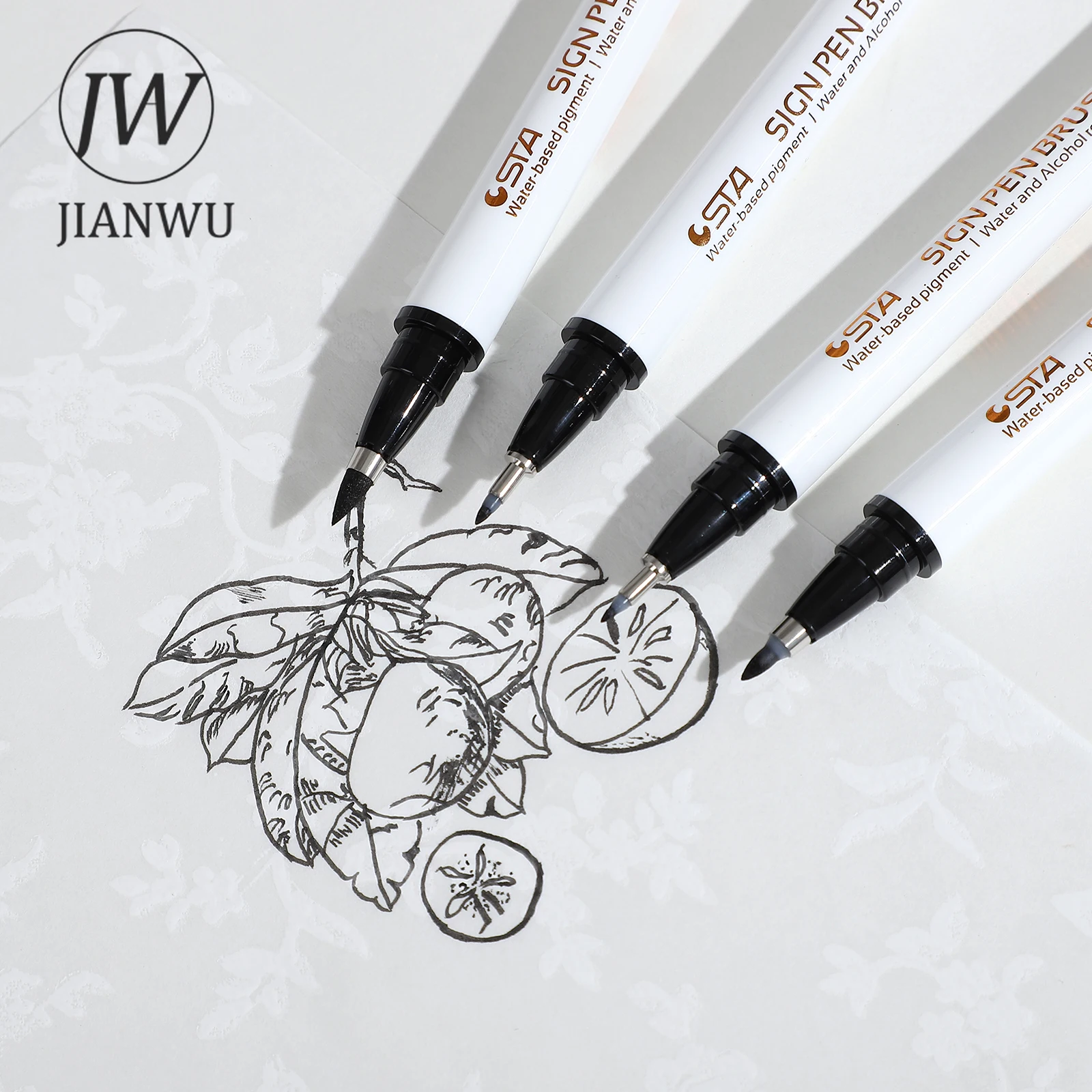 JIANWU 소프트 팁 뷰티 펜, 블랙 시그니처 펜, 페인팅 마커 펜, 크리에이티브 DIY 저널, 학생용품, 문구, 세트당 4 개