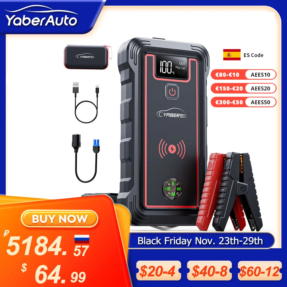 YABER Auto Batterie Ladegerät 2500A Starthilfe 23800mAh Power Bank Mit 10W  Drahtlose Ladegerät Tragbare Auto Booster Ausgangs gerät - AliExpress