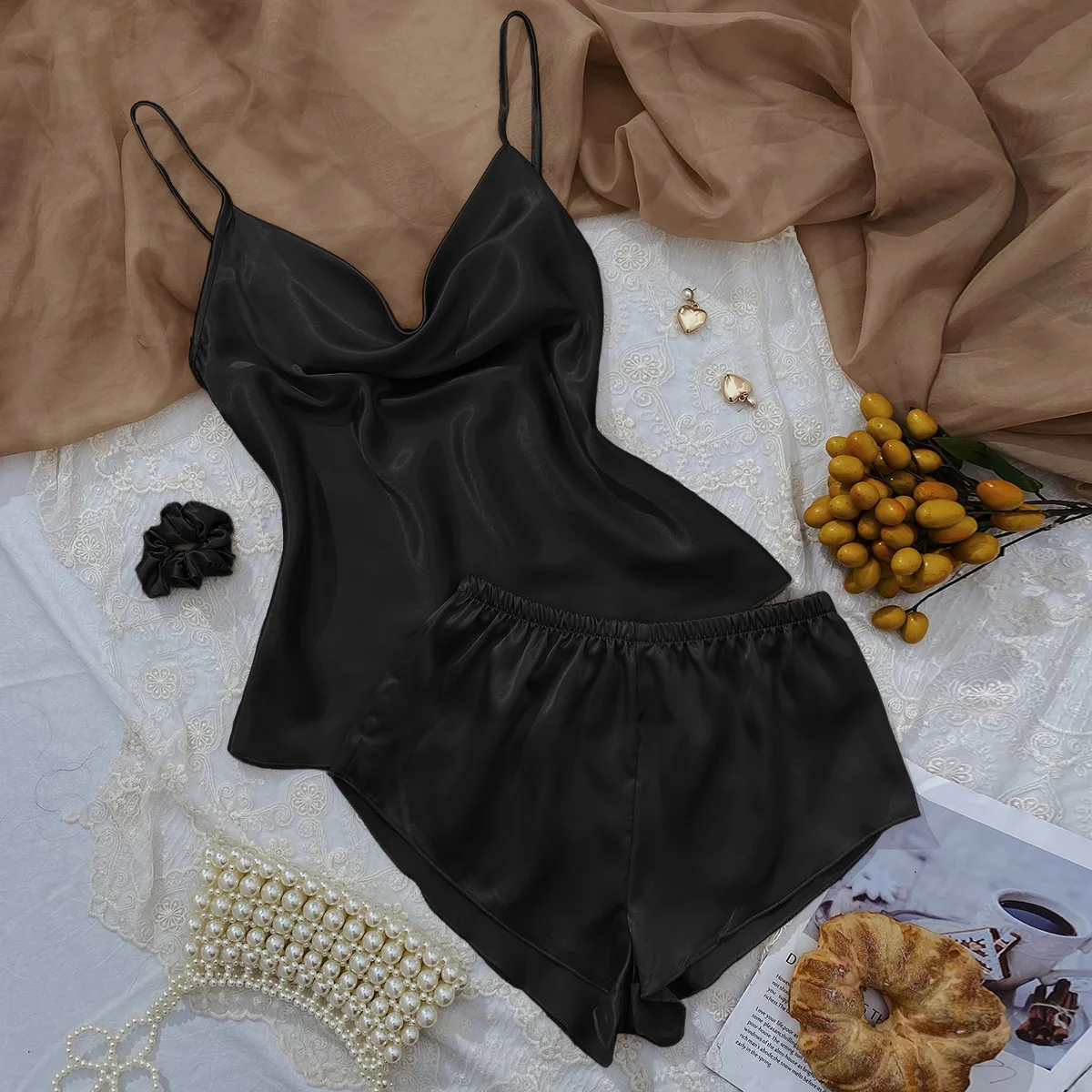 Nuisette élégante Pyjama Femme Satin Soie Ekouaer Manches