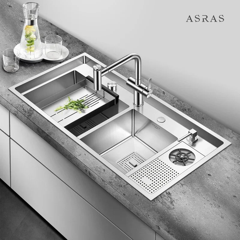 ASRAS Kitchen Double Sink Handmade Brushed 4mm Thickness Large Size 4 Holes Double Kitchen Sink with Cup Rinser Sinks