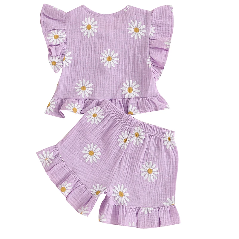 Floral Print Summer Outfit Set for Baby Girls - Cute Top  Elastic Shorts