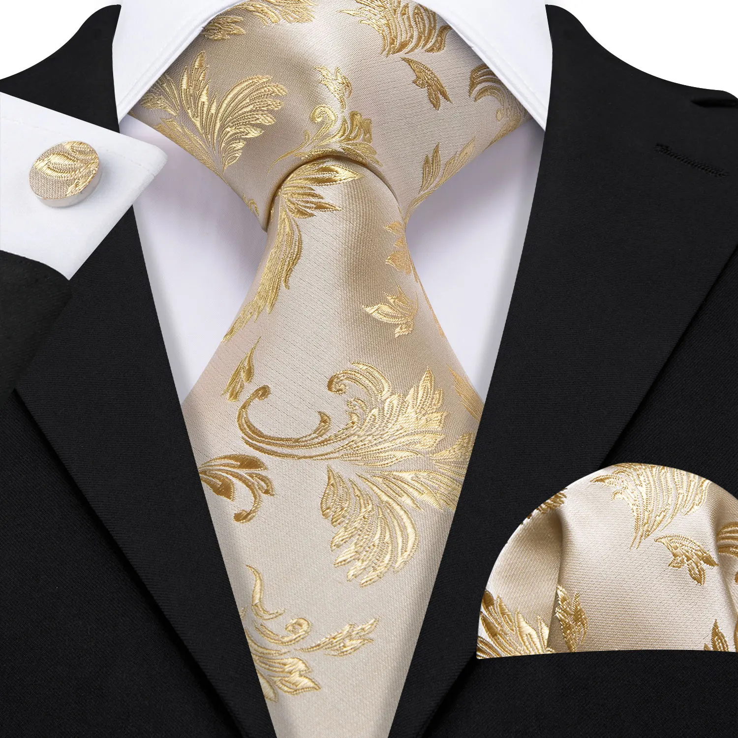 ChampagneFloralSilkNecktieForMenWithPocketSquareCufflinksSets