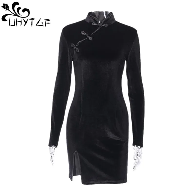 Chinese Dress Summer Women's Short Skirt Retro High Neck Suede Vintage Cheongsam