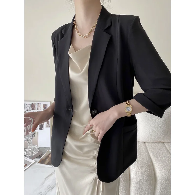 Black Suit Jacket Chiffon Blazers Women 2023 Half Sleeve Spring Autumn Korean Style Casual High-end Slim Suits Straight Coats
