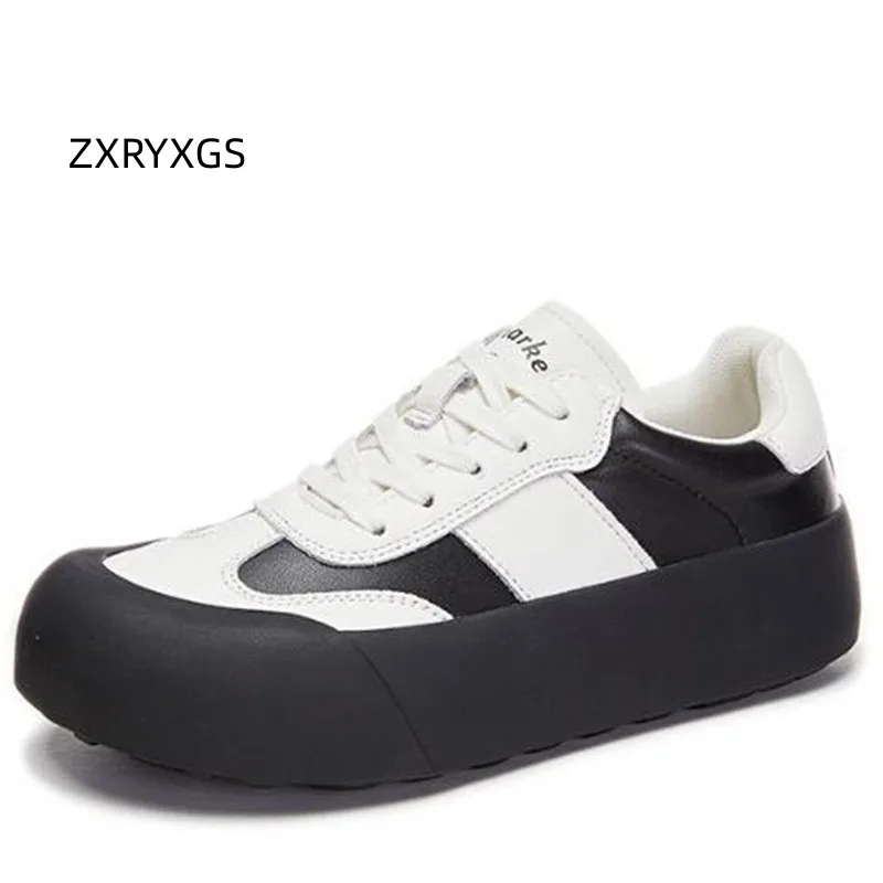 

ZXRYXGS Lace Spell Color Splicing Women Genuine Leather Sneakers Casual Shoes Flat Platform Sneakers Increase Shoes Trend 2023