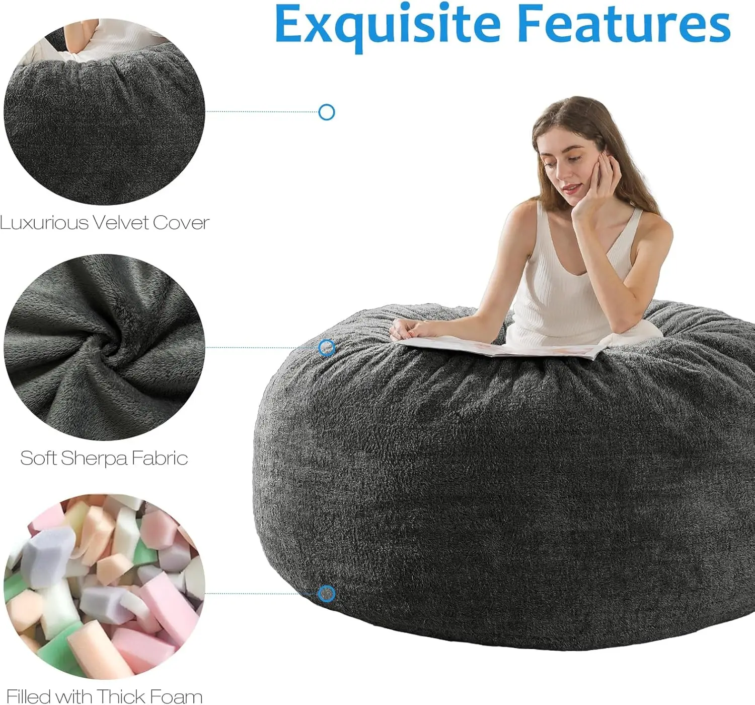 Cover] Large Bean Bag Chair: 4 ft Bean Bag Chairs for Adults/Kids with Filling,Ultra Soft Faux Fur Fabric,Memory Foam w