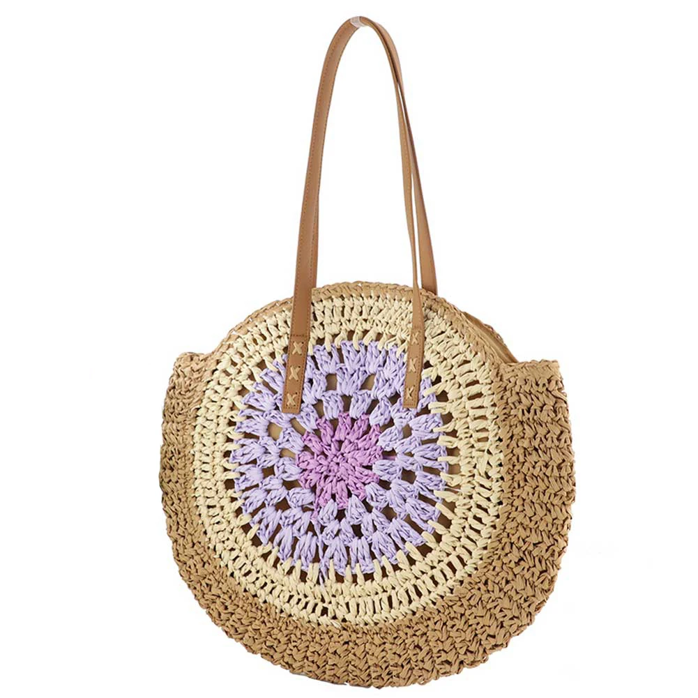 Round Summer Straw Bag with Color Collision Beach Shoulder Bag Large Woven Beach Bag Holiday Travel Handbag for Women and Girls
