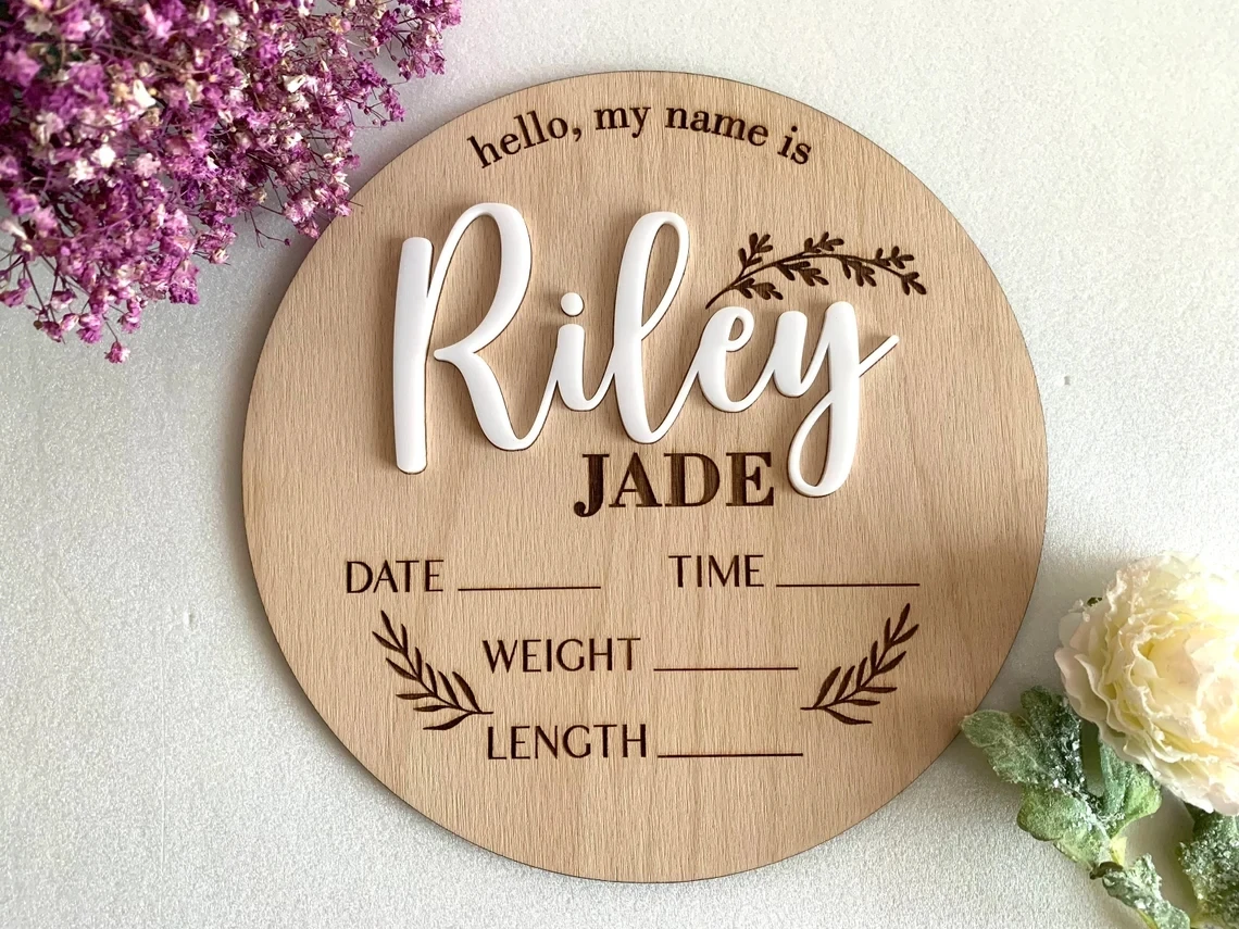 Personalized Baby Announcement Sign - Custom Wooden Name Disc With Birth Details & 20 Icon Choices