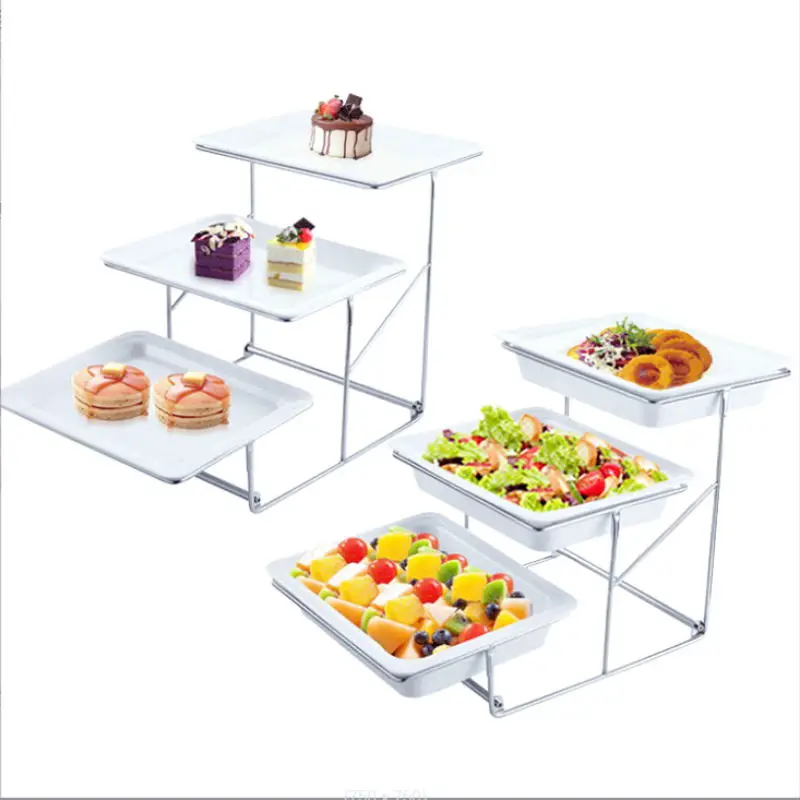 

Stainless Steel Buffet Display Rack Ceramic Three-Layer Cake Sanwich Holder Fruit Tray Bread Basket Dessert Candy Sushi Table