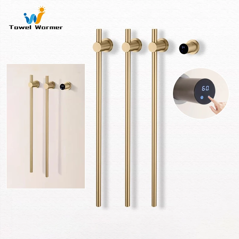 ห้องน้ํา Brushed Gold ชั้นวางผ้าเช็ดตัวไฟฟ้าสมาร์ทแห้งเร็วผ้าเช็ดตัวอุ่นสแตนเลสซ่อนสายไฟราวผ้าเช็ดตัวไฟฟ้า 1
