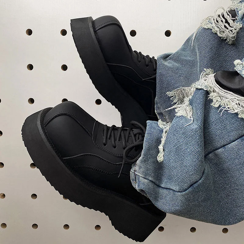 Thick Bottom Height Increasing Non-Slip Wear-Resistant Lace-up Low-Top Casual Muffin Men's Loafers Dark 3
