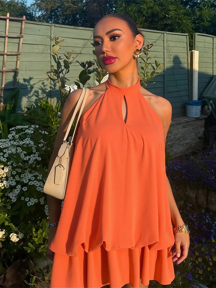 Nibber Fashion Mini Dress Woman Ruched Elegant Halter Lace-Up Backless Sleeveless Hot Girls High Street Style Classic Bodycon