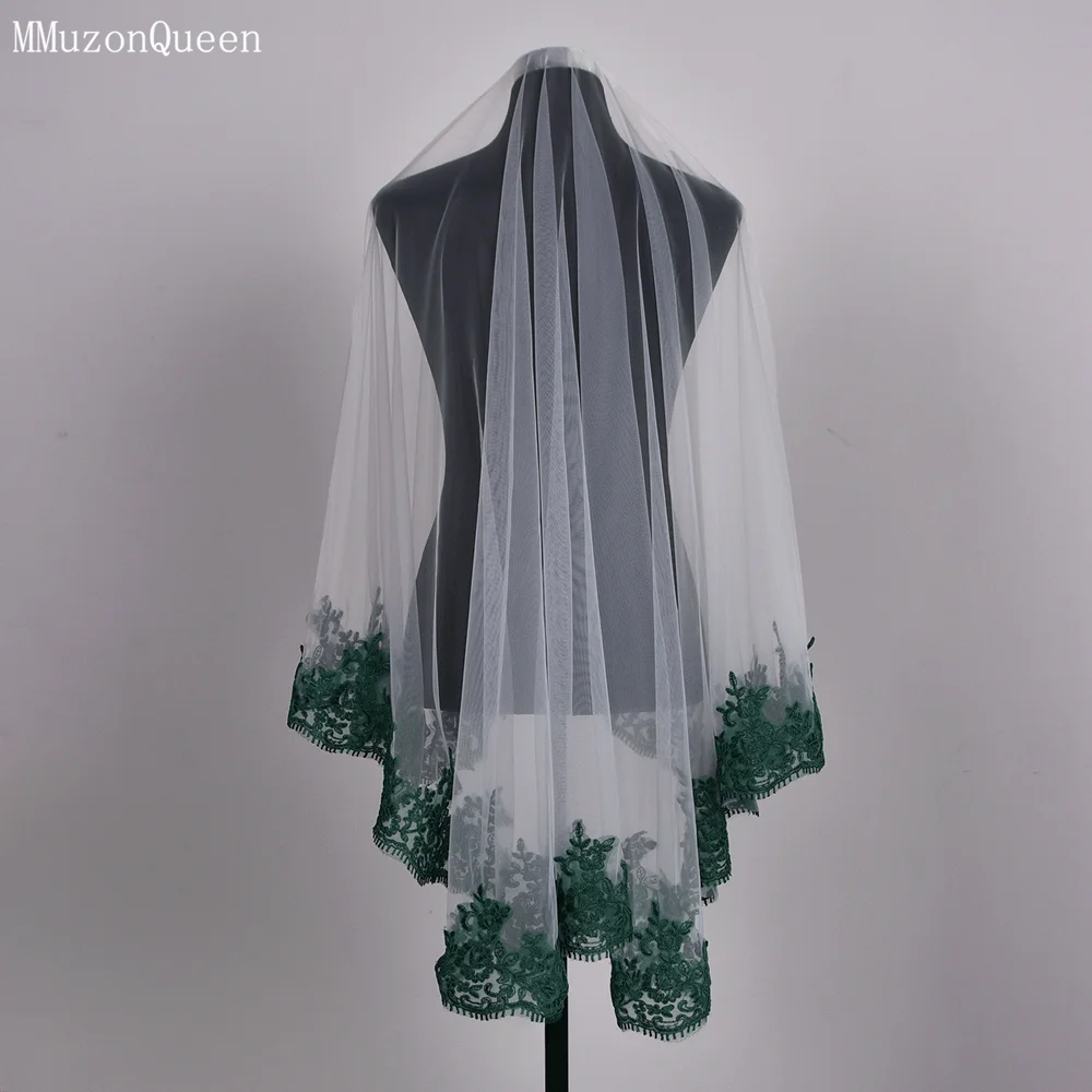 MMQ M112 Bridal Veil Green Lace Edge Veil 1 Tier Solf Tulle Wedding Without Comb Bride Wedding Stuff