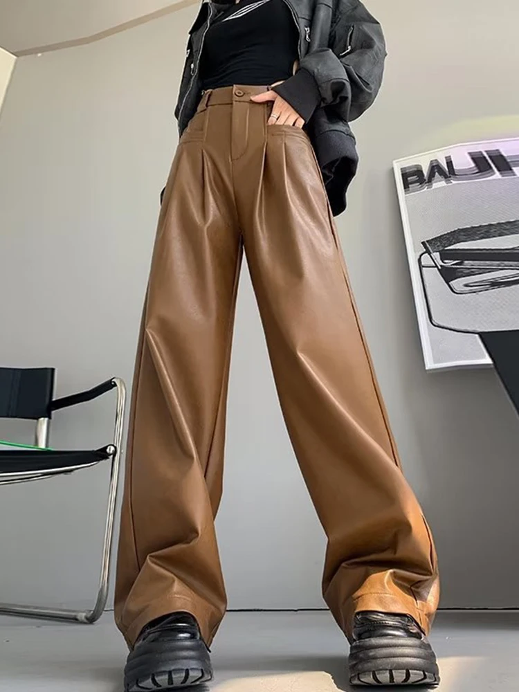 

Women's Solid PU Leather Wide Leg Pant Korean Casual Baggy High Waist Straight Trousers Autumn Winter New Streetwear Full Lenght