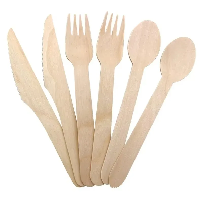 50/100PCS Natural Wooden Disposable Cutlery Set Dessert Cake Knives Forks Spoons for Parties Weddings Cafes Tableware Supplies