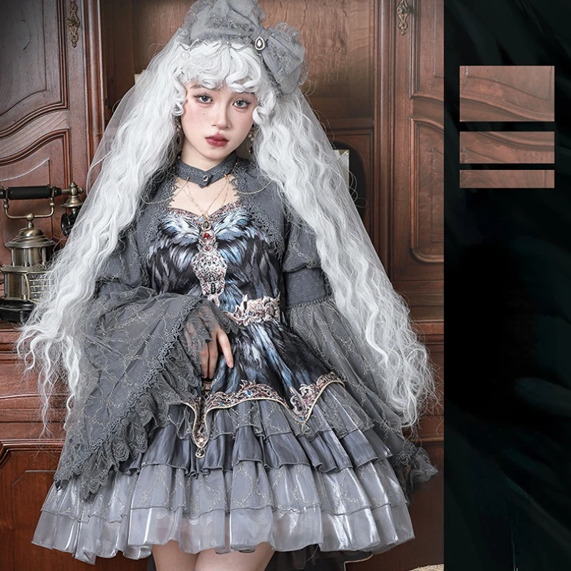 Japanese Victorian Vintage Lolita Halter Dress Women Gothic Style Harajuku Y2k Grey Layered Cake Dresses Girls Kawaii Cute Dress lolita dress lolita cosplay costumes