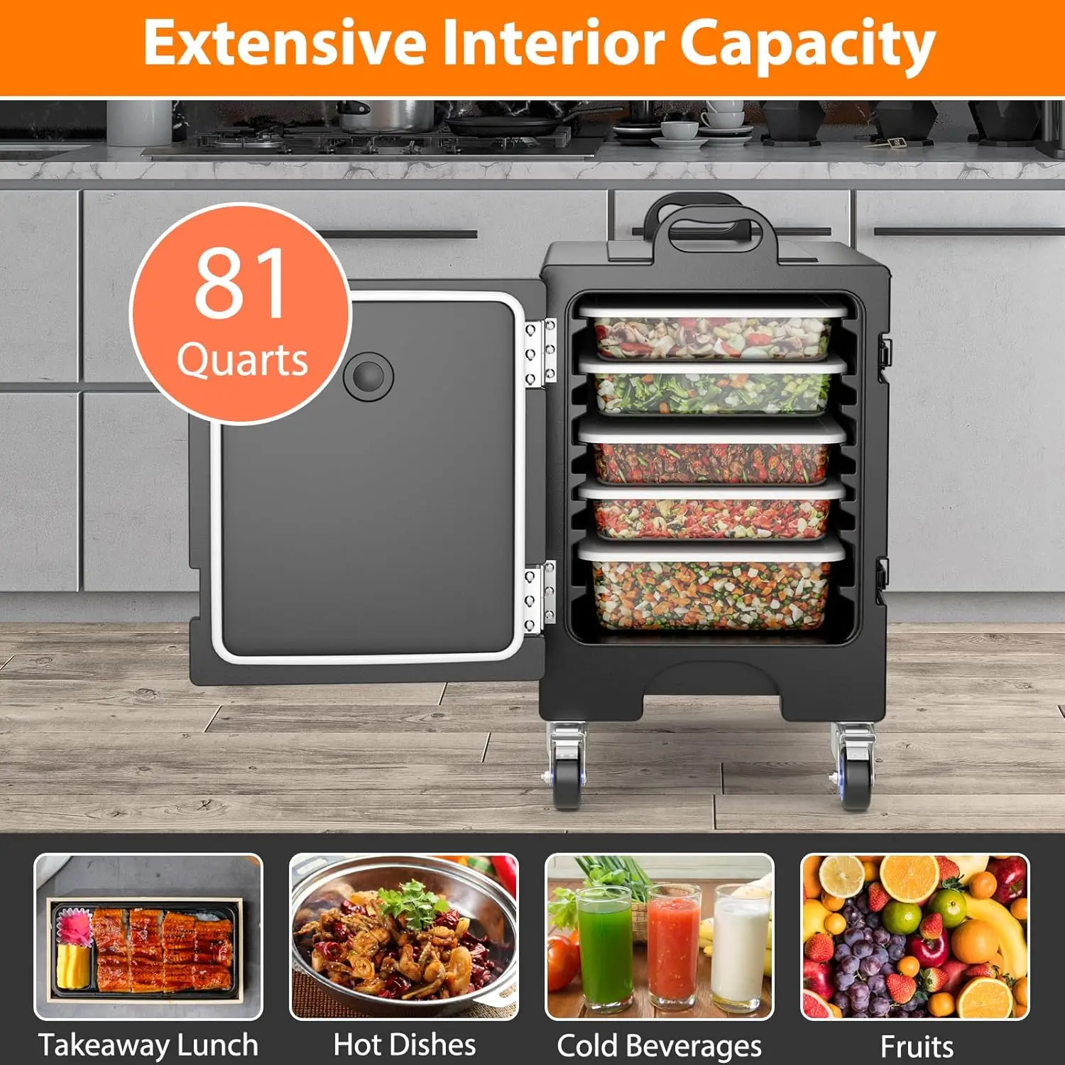 3pcs End-Loading Insulated Food Pan Carrier w/Wheels for 5 Full-Size Pan 81 Quart Capacity Food-Grade LLDPE Material