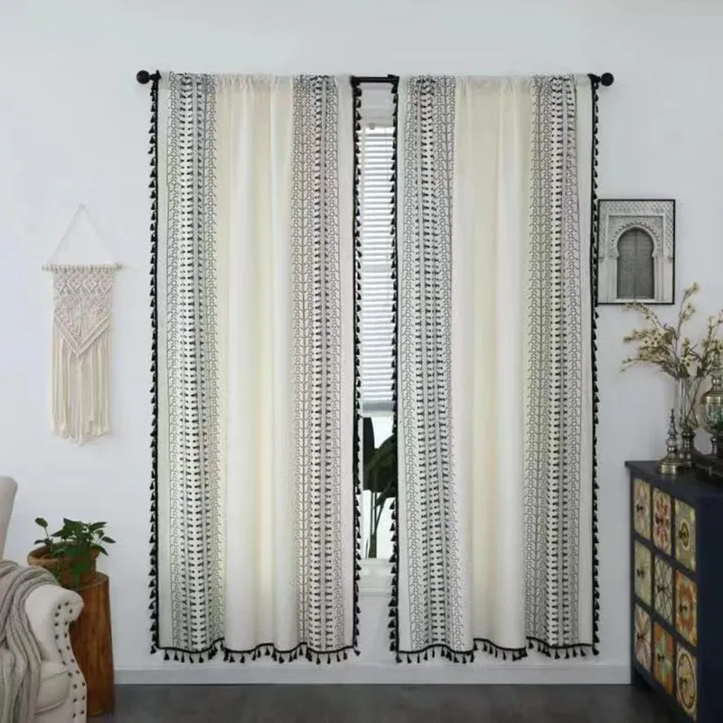 

Cotton Linen Bohemian Geometry Window Curtain Semi-shading Drapes for Living Room Bedroom Kitchen Door Drapes