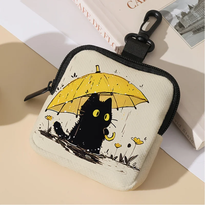 Yellow Umbrella Cat Print Coin Purse Artificial Leather Zipper Storage Bag Multi Functional Mini Earphone Case