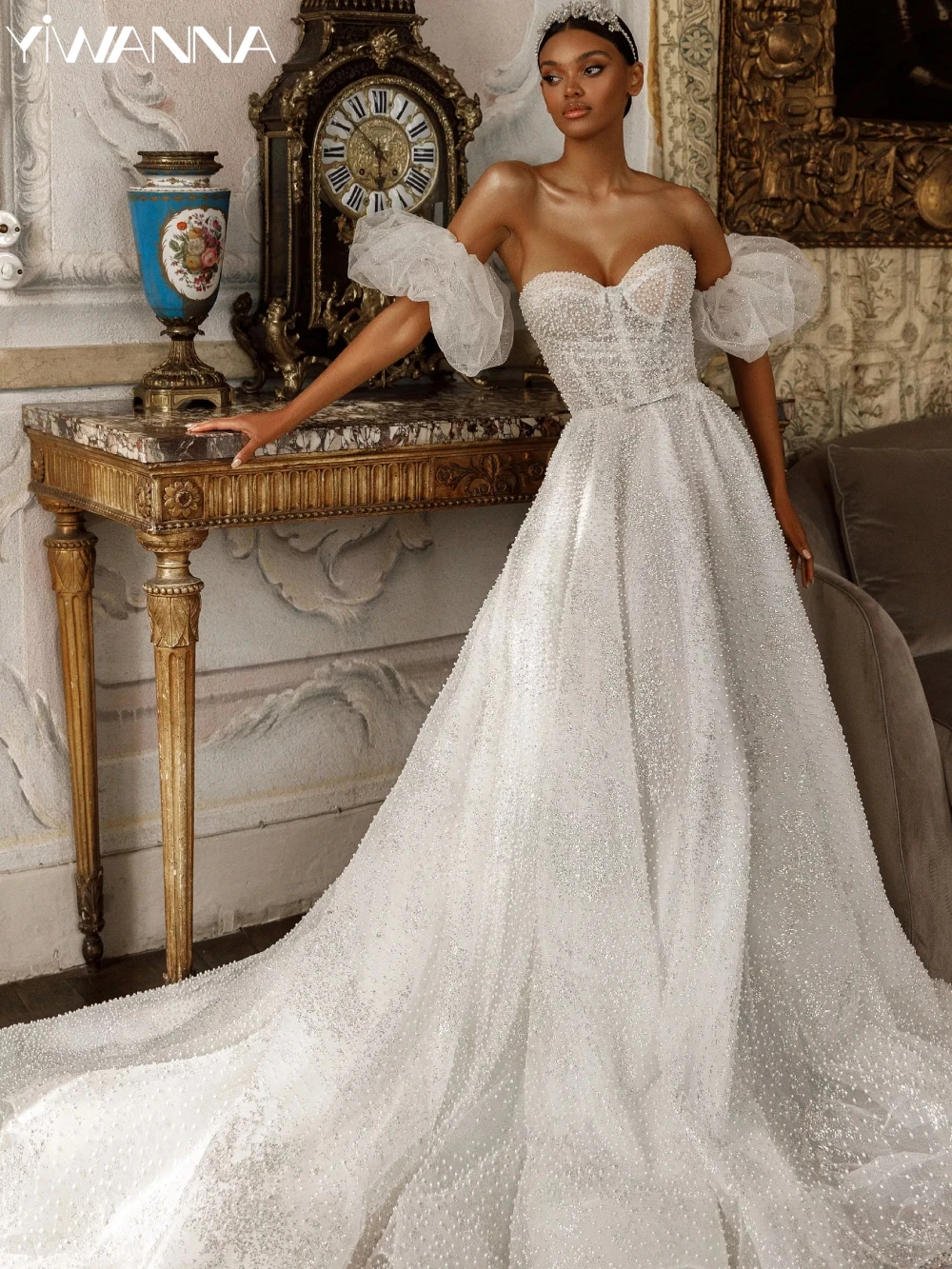 

Romantic Sweetheart Neck Wedding Dress Sparkly Pearls Glitter Bridal Gown Elegant A-line Long Bride Robe Vestidos De Novia