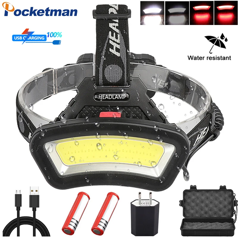 

USB Rechargeable Led Headlamp COB Powerful 4 Modes Head Lamp Headlight Waterproof Fishing Light 18650 Battery with Car Charger
