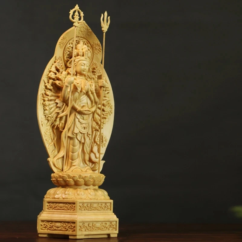 

Boxwood Carving Feng Shui Sculpture Home Decoration Solid Wood Buddha Statue Worship Thousand-Hand Guanyin Home Decor