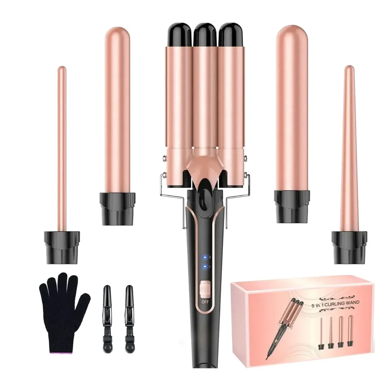 5 in 1 Curling Iron 3 Barrel Hair Crimper Hair Waver Curling Iron with Fast Heating Up Crimper Wand Curler for All Hair Types