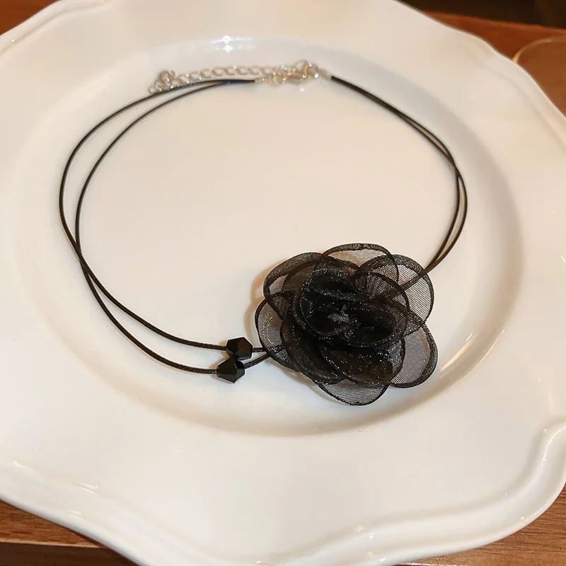 

Double Layer Dark Style Lace Flower Crystal Choker Necklace Elegant Necklace Women