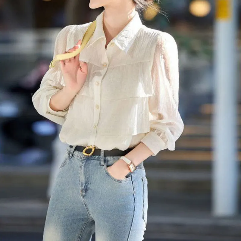 Elegant Fashion Harajuku Slim Fit Female Clothes Loose Casual Sport All Match Shirt Solid Button Lapel Collar Long Sleeve Blusa