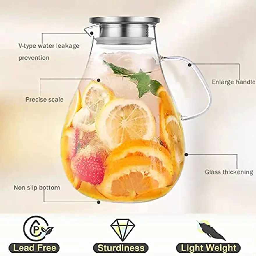 2.0 Liter Clear Glass Pitcher with Handle, Lid and Spout for Water, Iced  Tea, Carafe, Hot or Cold Beverages, Fruit Juice, High-Heat Resistance