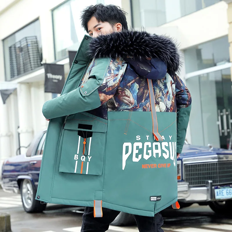 Fashion Men's Cotton Parkas 2023 Autumn Winter Mid Length Thickened Padded Jackets Outwear Fur Collar Long Top Down Coat Clothes