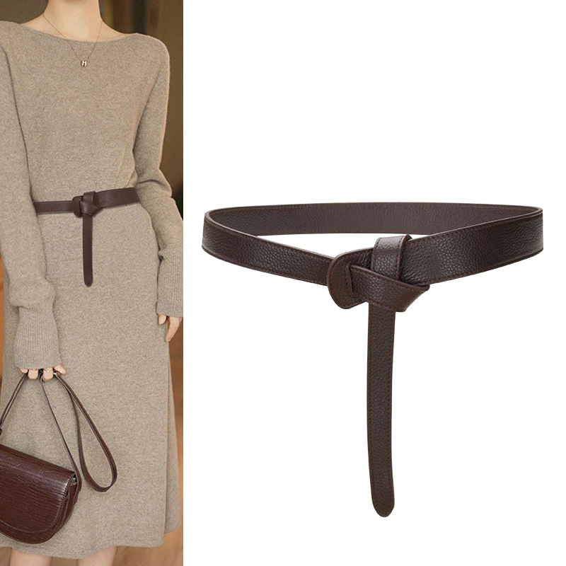 NewWideKnotBeltsforWomenSoftGenuineLeatherBeltBlackCoffee