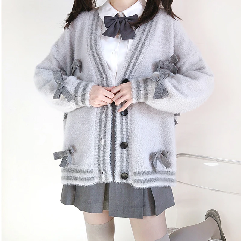 

Autumn And Winter Casual Cardigan Sweater Soft Waxy Bow Color Matching Spring Small Fresh Coat For Women
